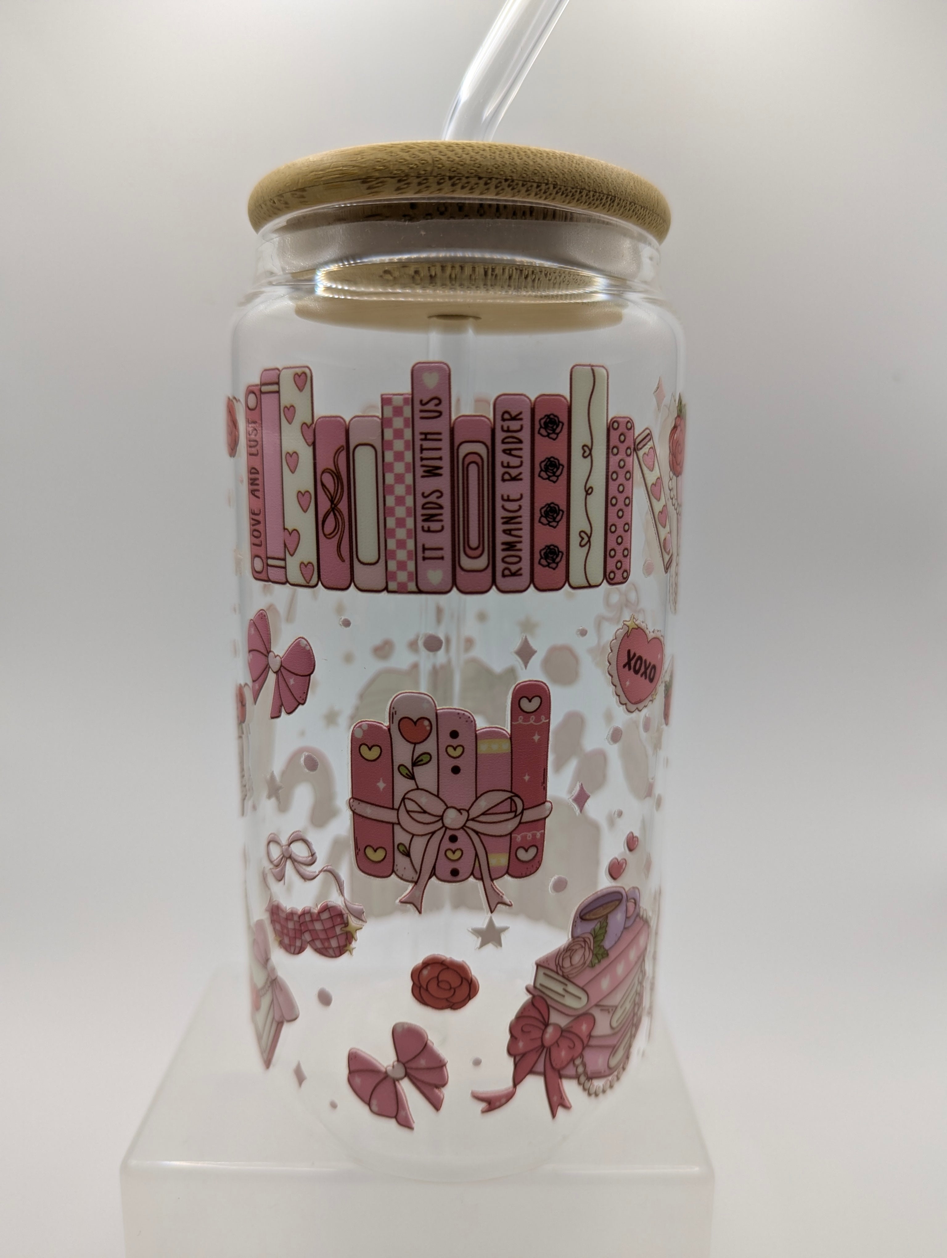 Pink Bookish Glass Drinks Tumbler - Romance Book Themed Glass Cup