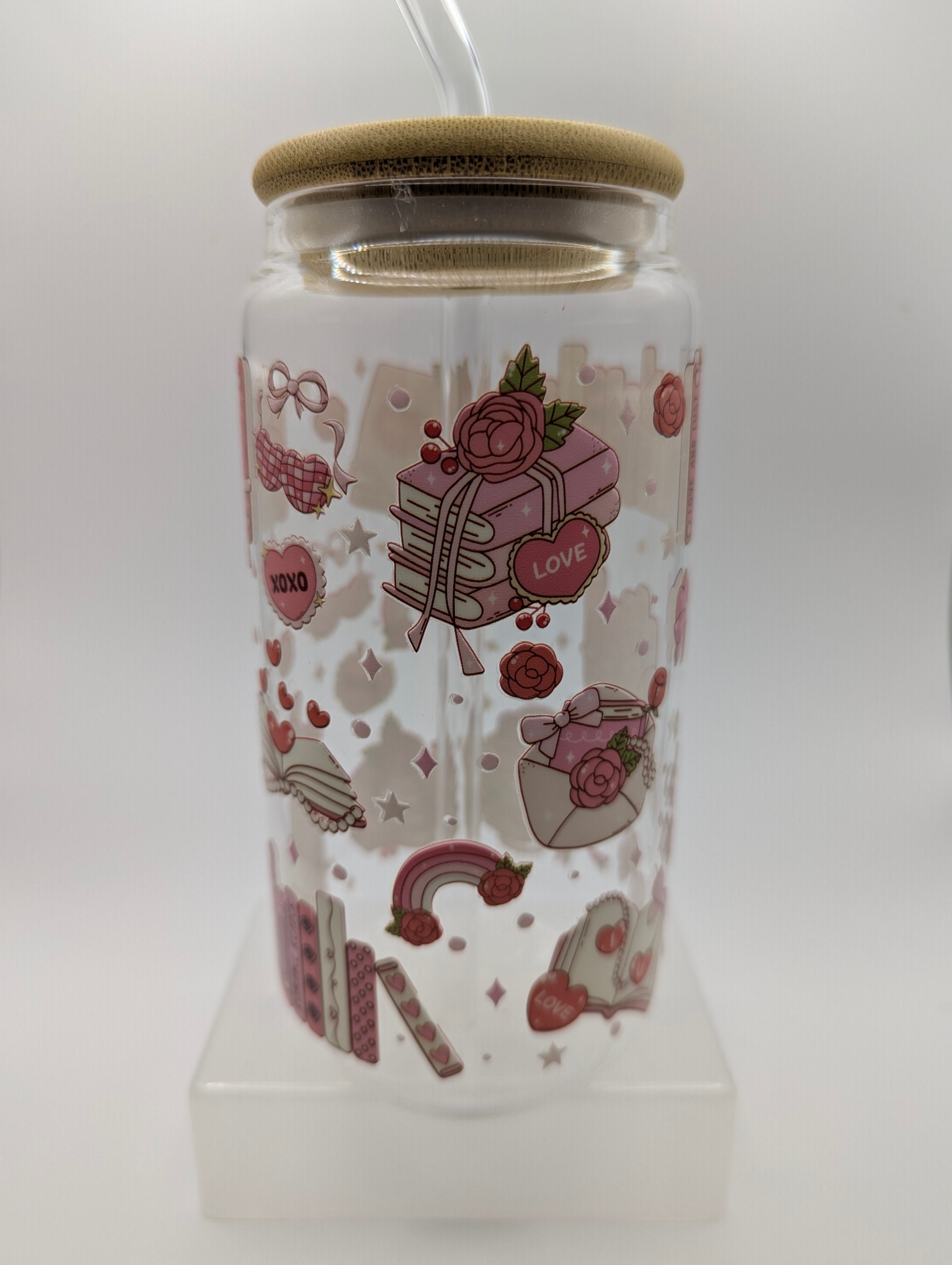 Pink Bookish Glass Drinks Tumbler - Romance Book Themed Glass Cup