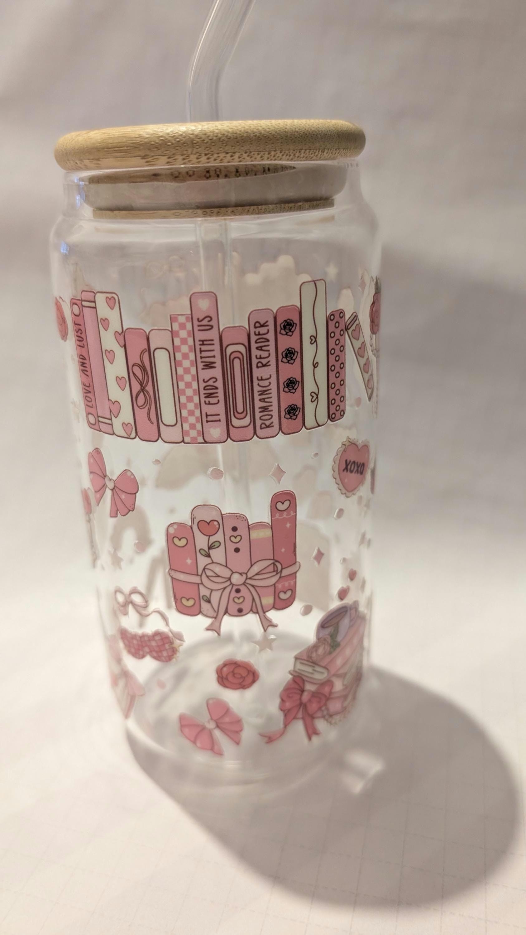 Pink Bookish Glass Drinks Tumbler - Romance Book Themed Glass Cup