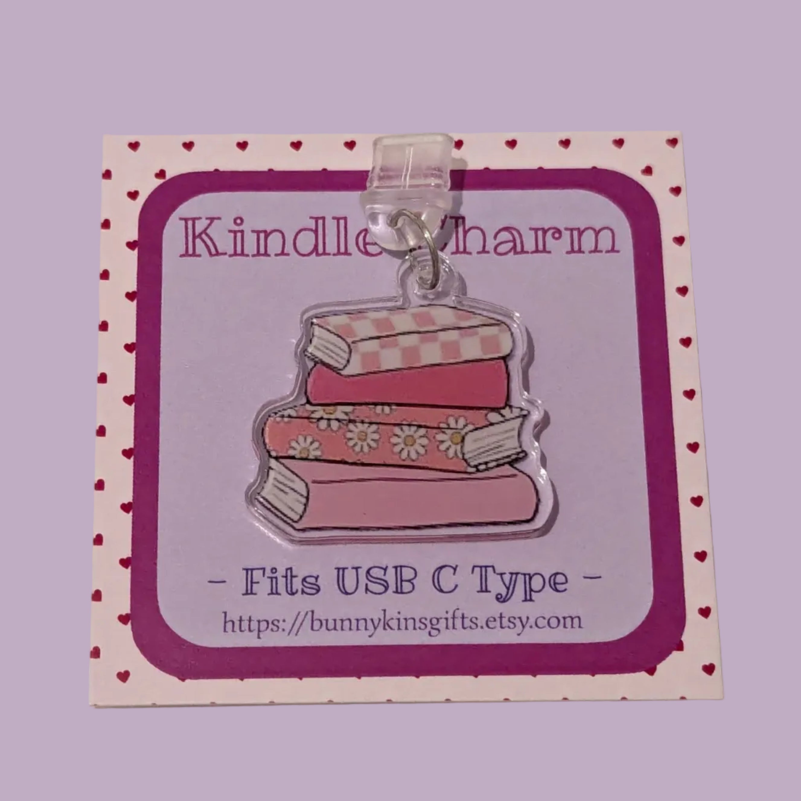 Pink Book Stack Kindle Charm for USB-C Port - Decorate your E-Readers or Phone