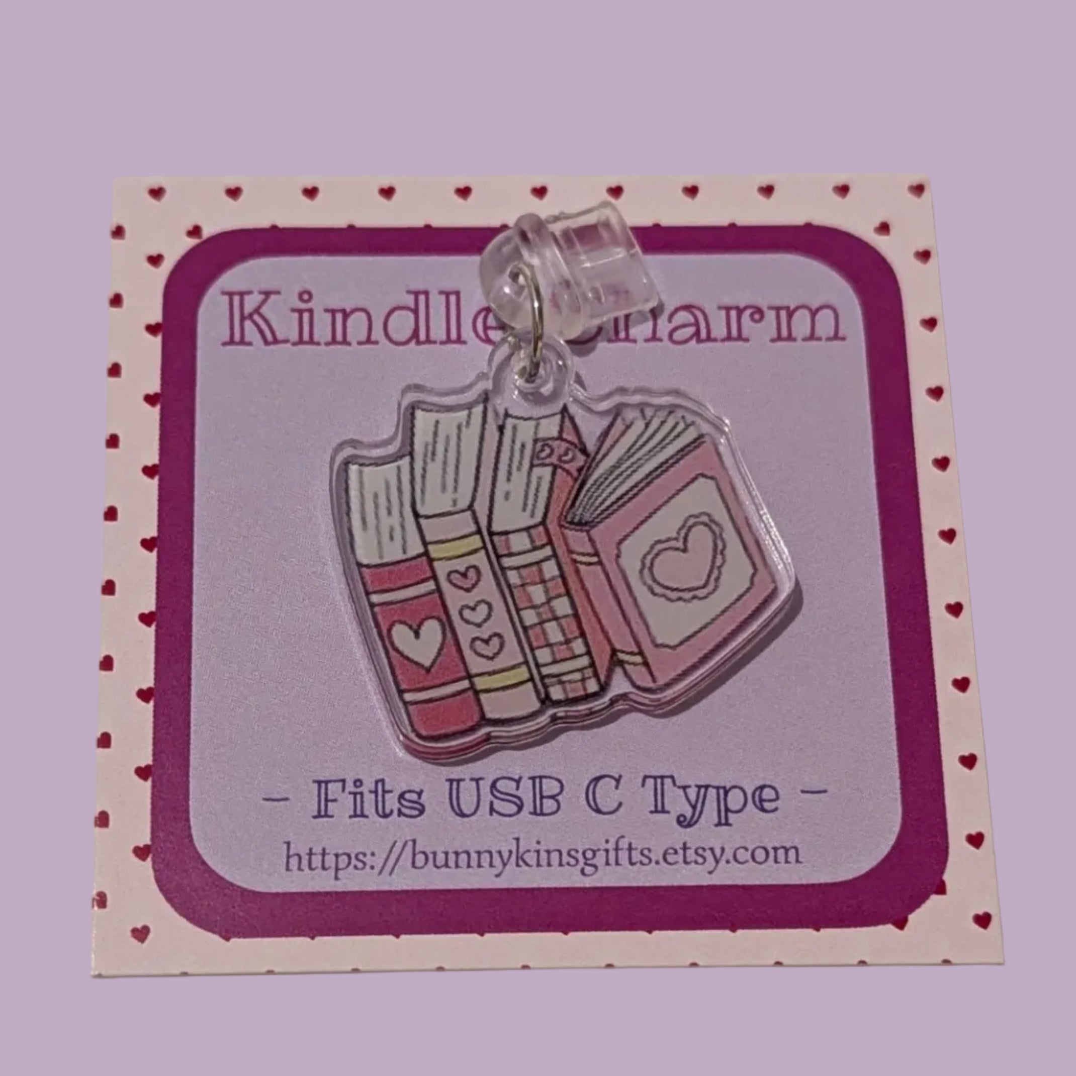 Pink Heart Book Kindle Charm for USB-C Port - Decorate your E-Readers or Phone