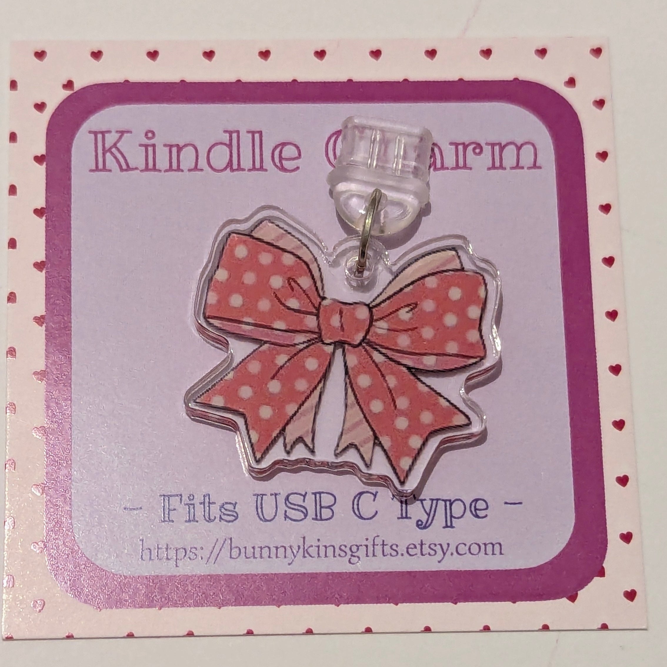 Pink Spotty Bow Kindle Charm for USB-C Port - Decorate your E-Readers or Phone