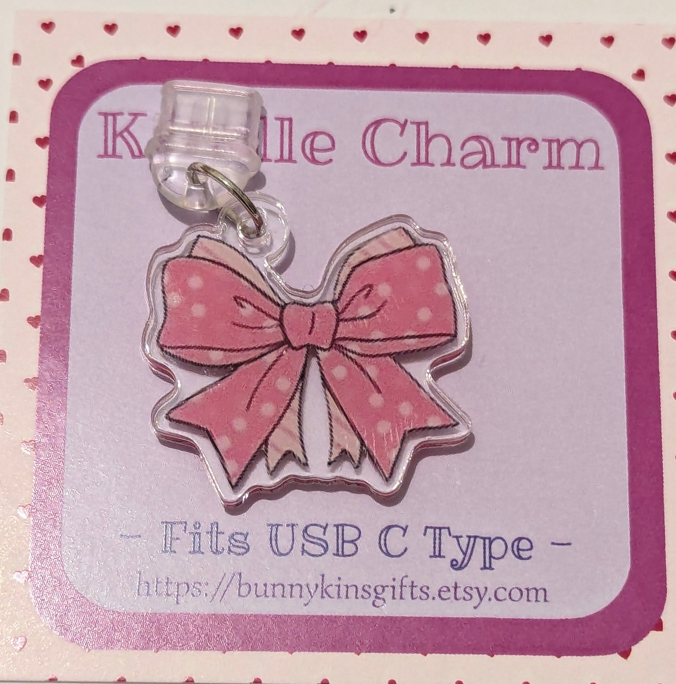 Pink Spotty Bow Kindle Charm for USB-C Port - Decorate your E-Readers or Phone